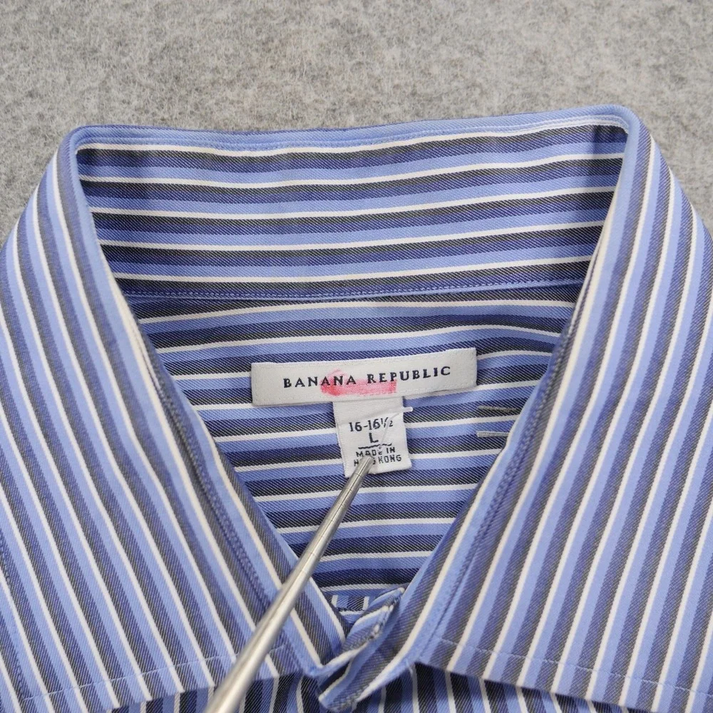 Banana Republic Shirt Mens Large 16.5 Blue Button Up Striped Dress Long Sleeve